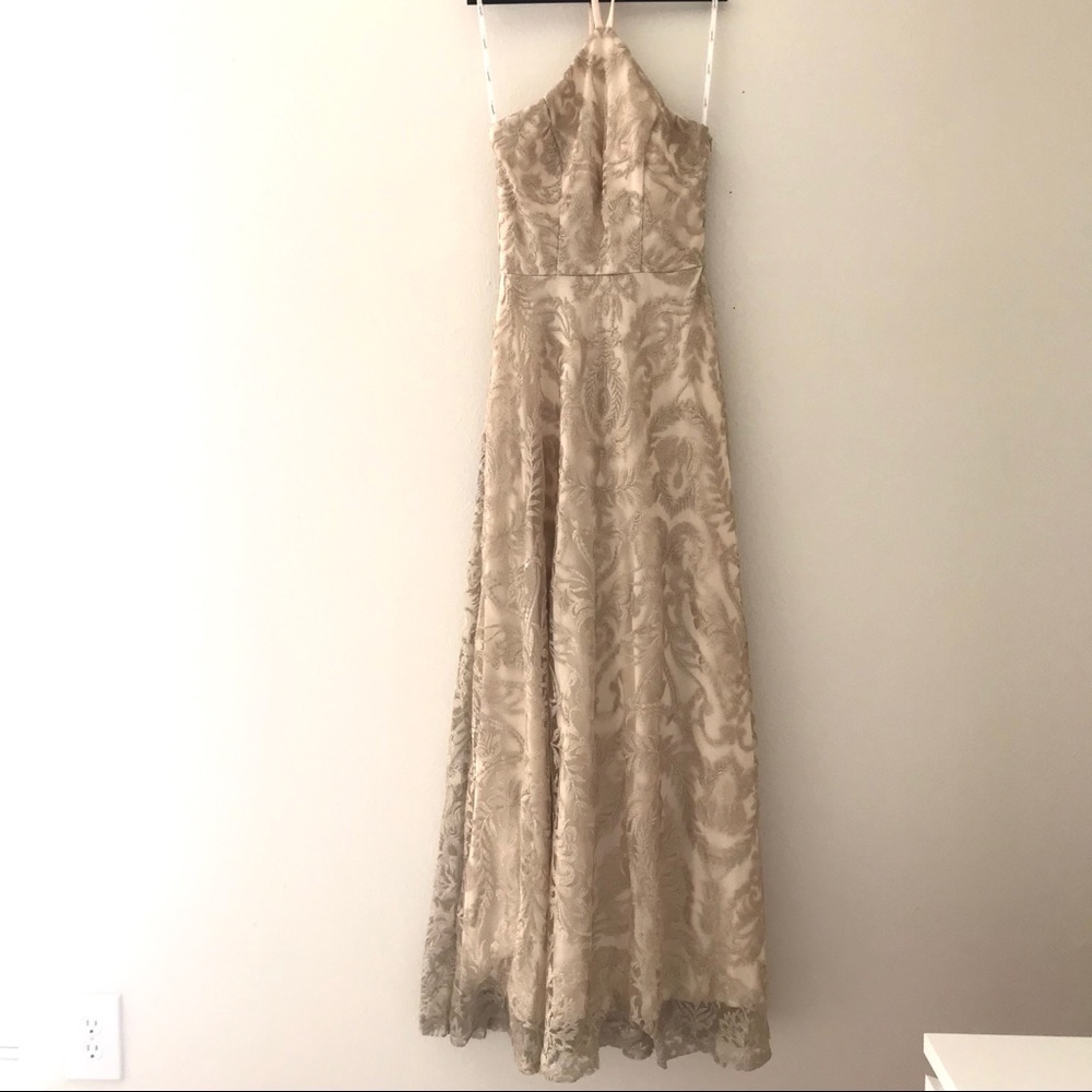 Gold lace halter neck detailed gown